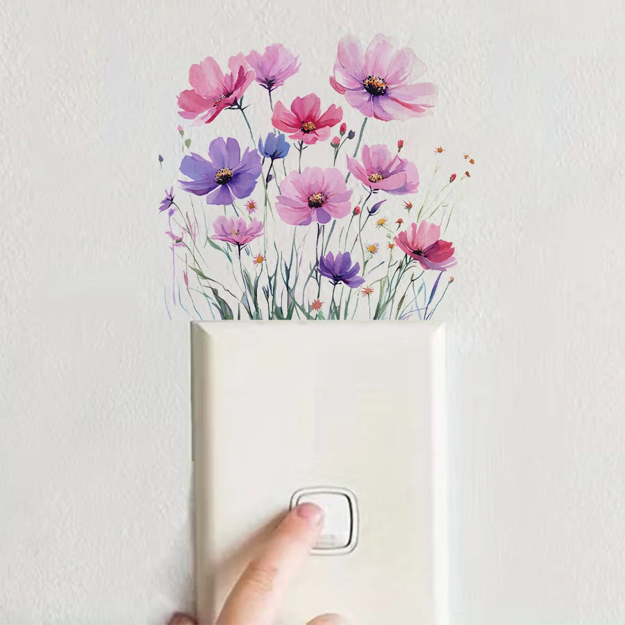 interrupteur mural adhésif fleurs colorées moderne blanc chambre enfant aquarelle amovible pastel