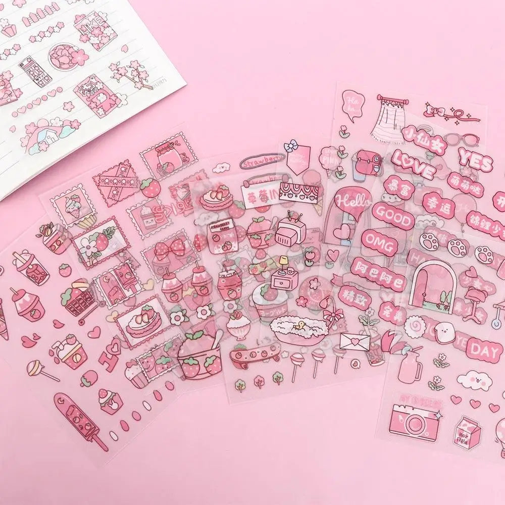 stickers kawaii strawberry transparent rose fraises glaces desserts illustrés pack variété