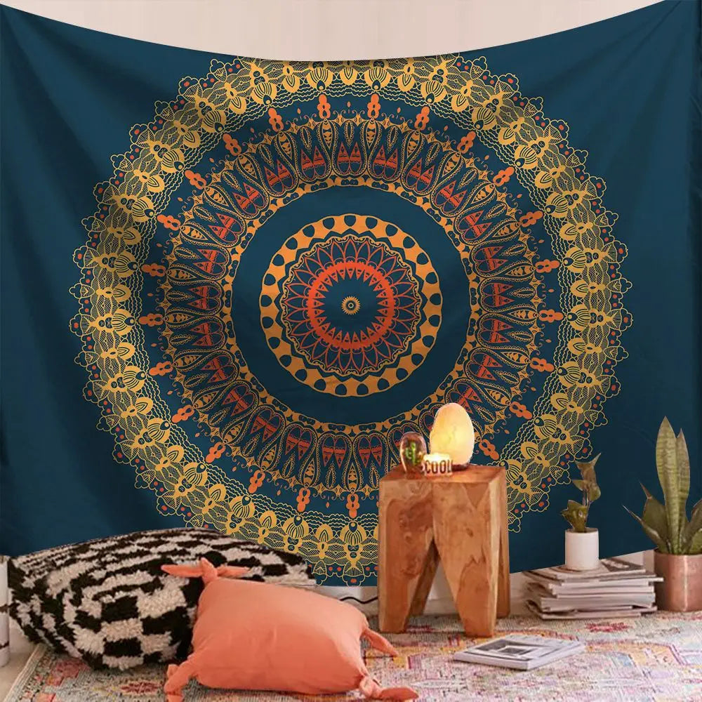 tapisserie murale mandala bohème bleu orange noir éléphant géométrique polyester rectangle