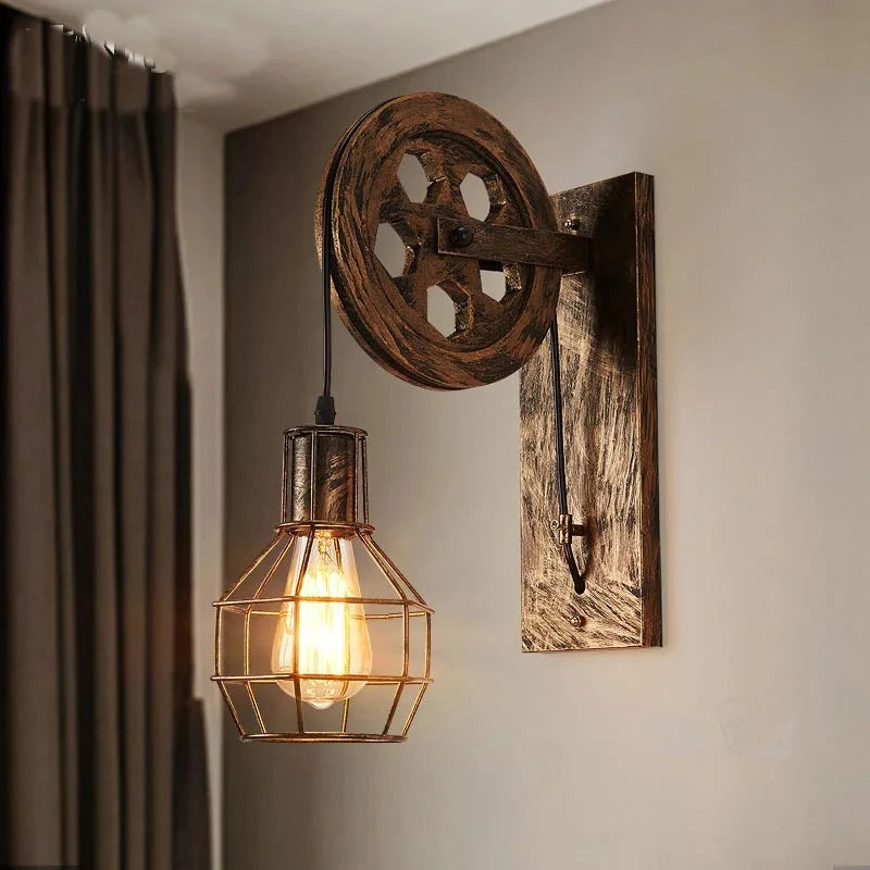 appliques murales industrielles vintage led bois métal patiné marron foncé chambre cuisine