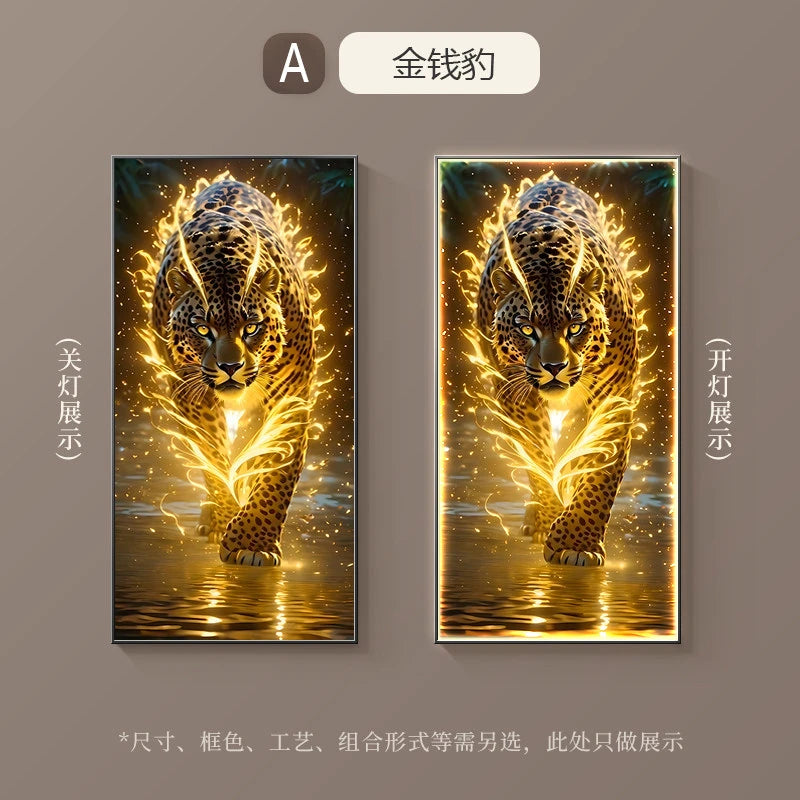 tableau decoratif moderne leopard eau flammes dorées cadre noir jaune doré chambre salle manger