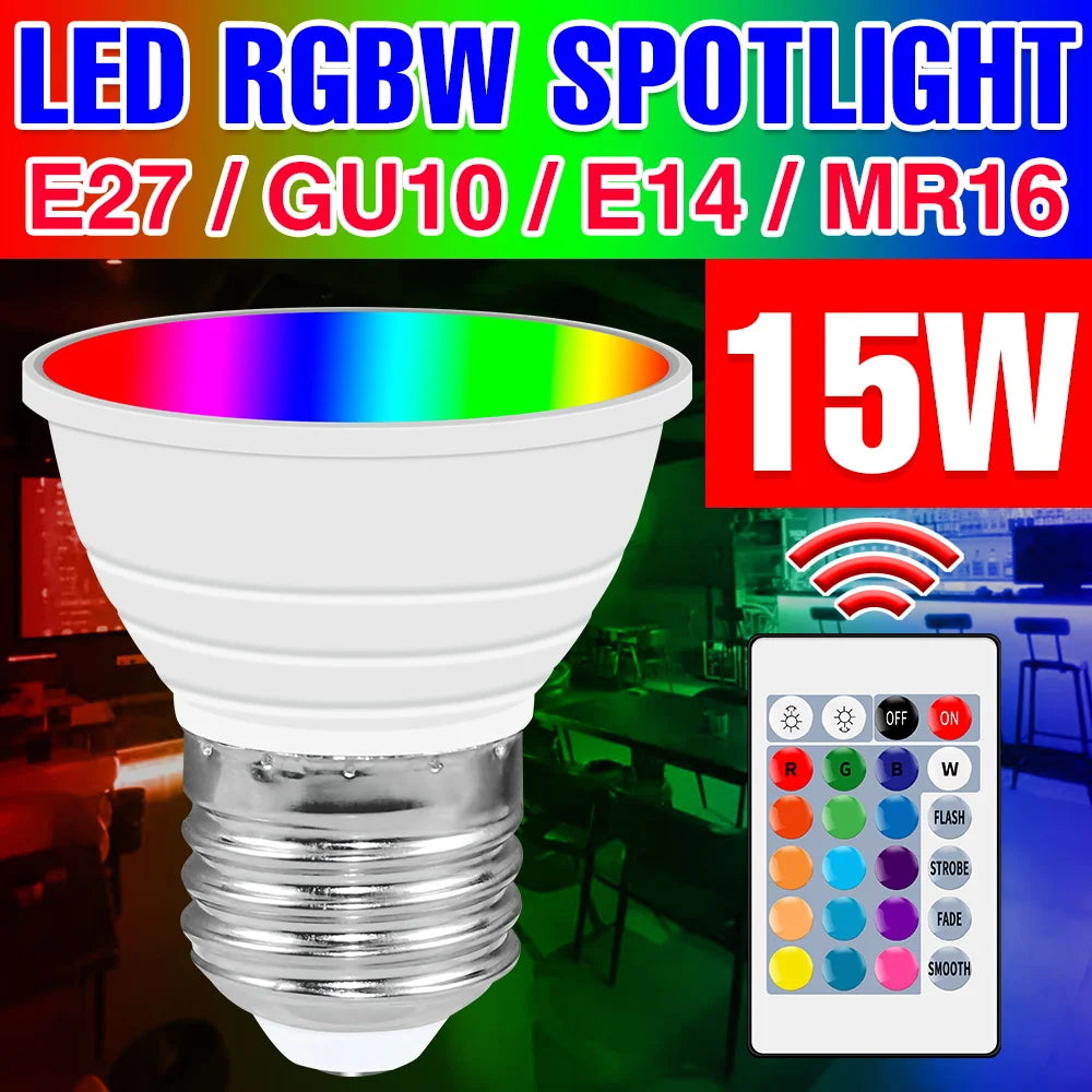 ampoule led rgbw 15w e27 gu10 e14 blanc plissé moderne télécommande 24touches chambre 2700k