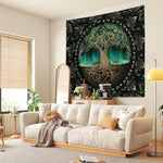 tapisserie arbre vie noir vert doré motifs floraux artisanal clips fixation chambre 75x58cm
