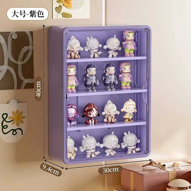 présentoir mural transparent moderne figurines blanc jaune violet anti poussière adhésif organisateur
