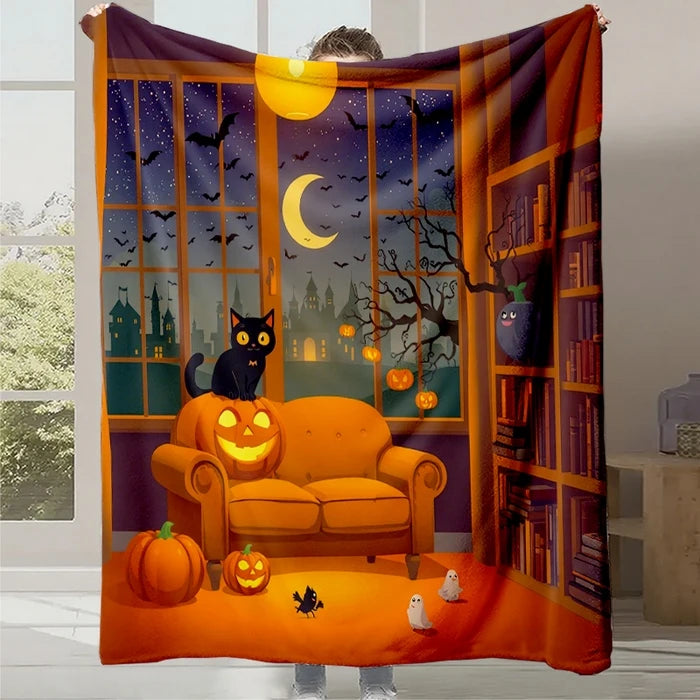 Une scène d'Halloween apaisante avec un chat noir, des citrouilles, des fantômes et un paysage urbain nocturne à travers les fenêtres d'une pièce chaleureuse.
