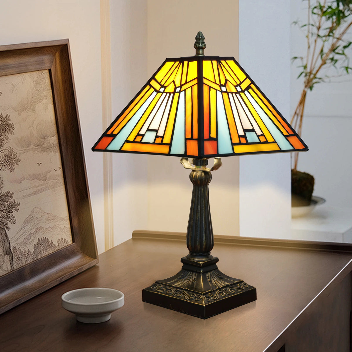 lampe table art déco vitrail couleur noir marron orange jaune bleu blanc motifs géométriques
