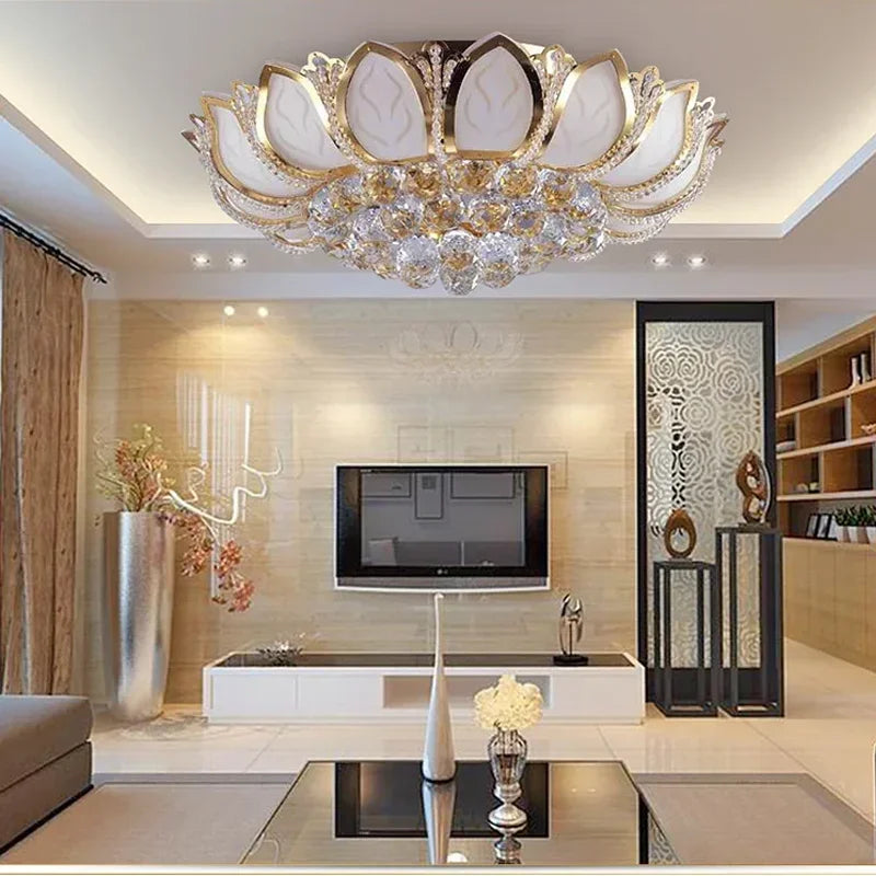 plafonnier crystal fleur lotus doré strass élégant chambre salon moderne decoration maison