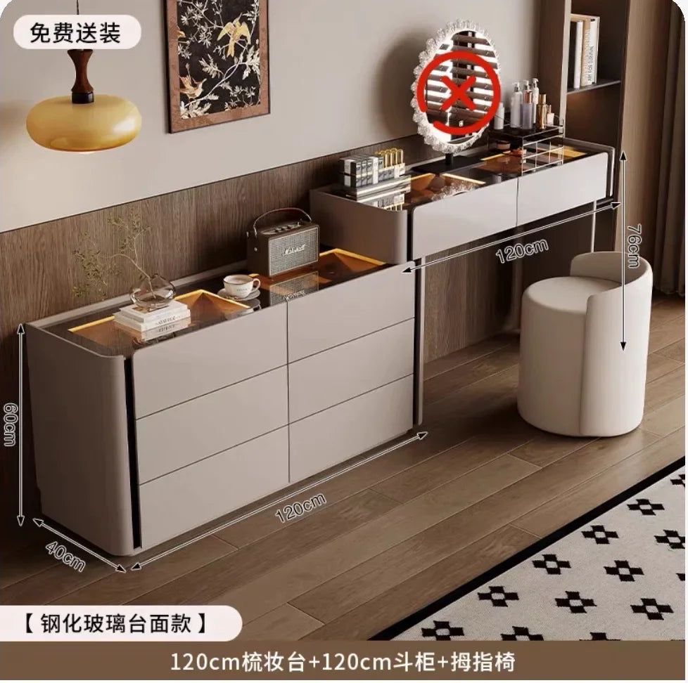 meuble rangement moderne commode tiroirs table maquillage miroir tabouret bois chêne massif beigeclair
