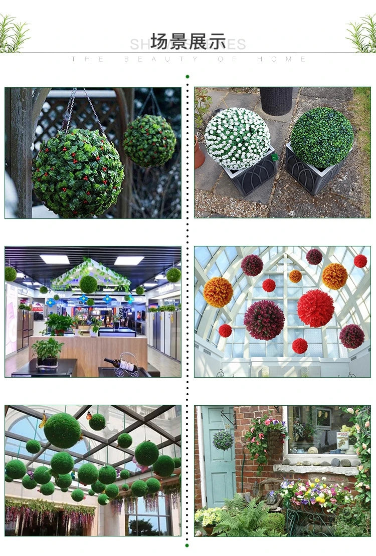 décoration extérieure artificielle boule végétale feuilles vertes fleurs colorées herbe festive exposition accrochéeextérieur