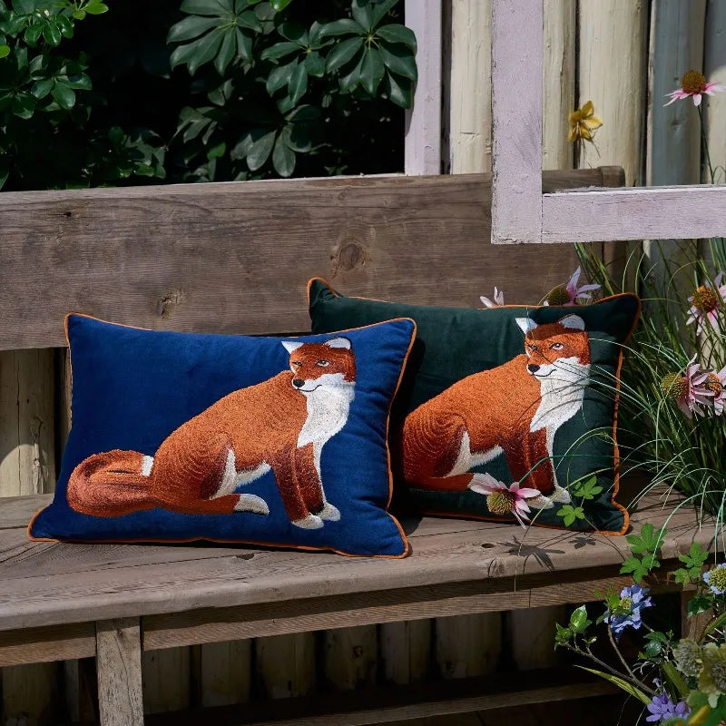 taie d'oreiller velours brodé renards animaliers décoratifs bleu vert orange carreau simple