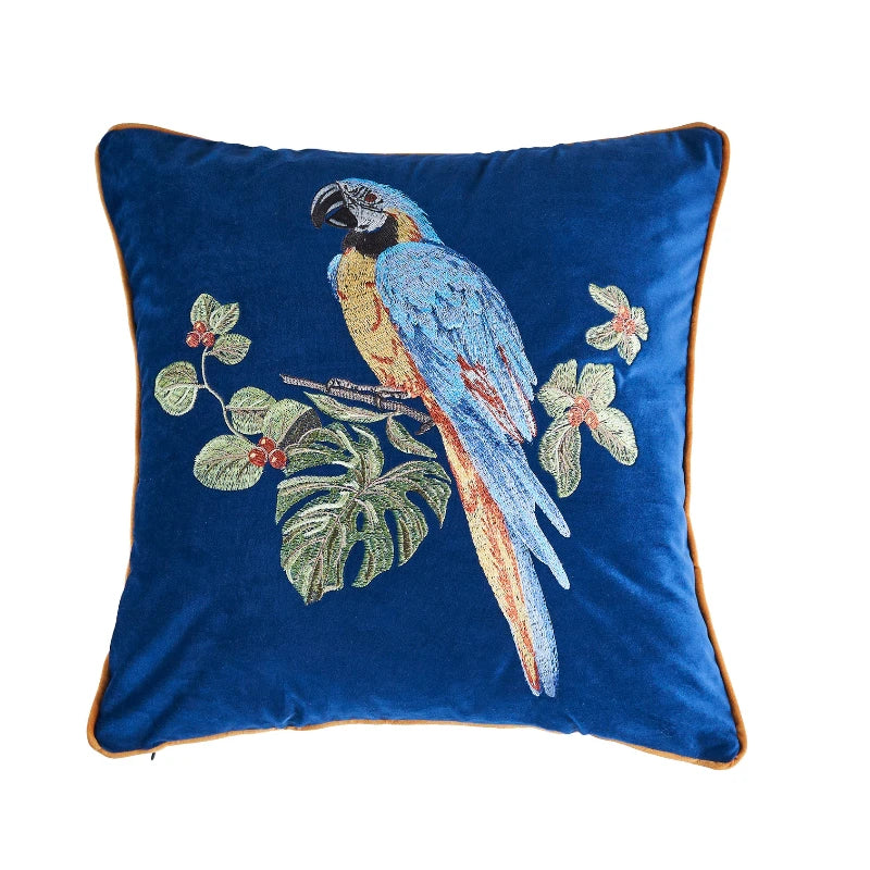 taies d'oreiller velours oiseau perroquet feuilles bleu foncé élégant non toxique polyester respectueux environnement