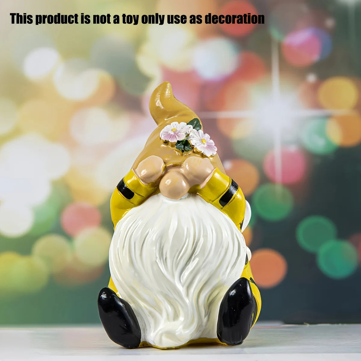 statuette gnome résine jaune abeille barbe blanche chapeau beige salon jardin décoration fantaisiste magique