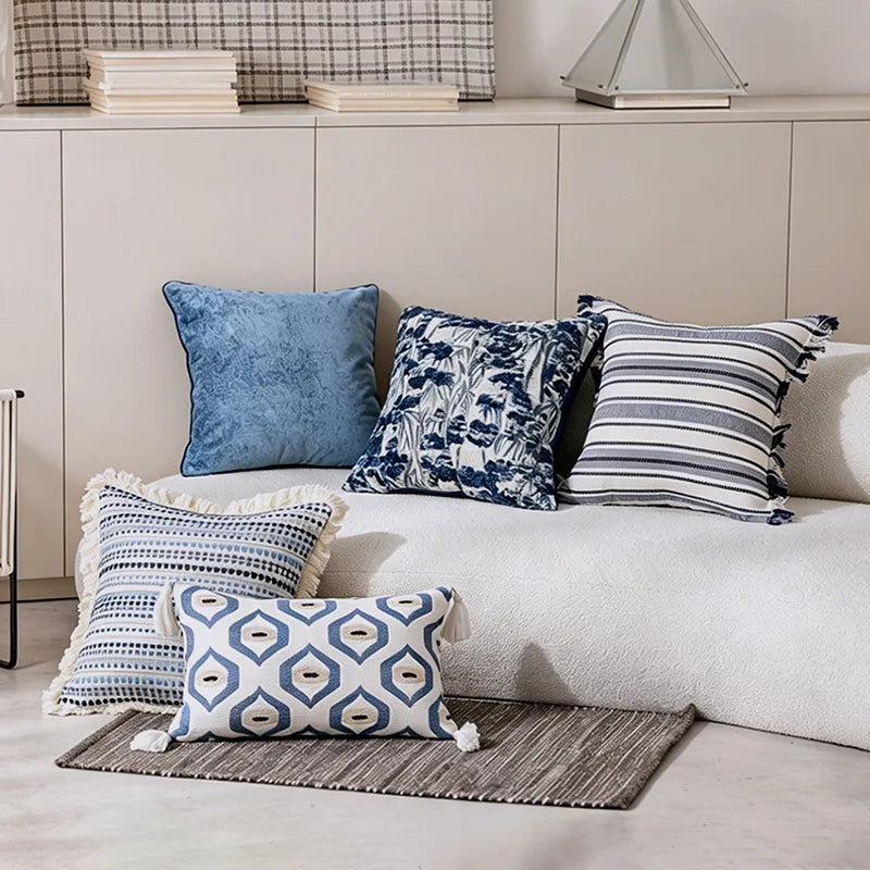 coussins carrés bleu blanc moderne motifs géométriques rayures adhésifs décoratifs maison voiture
