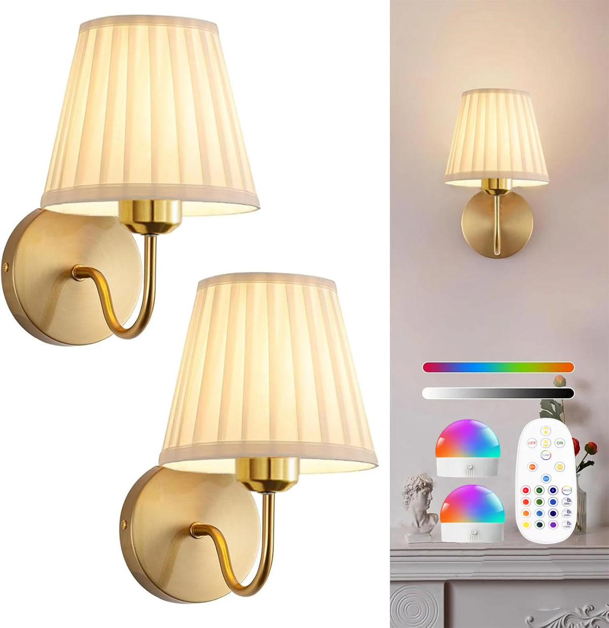 lampe murale sconce classique or abat jour plissé led télécommande 15 couleurs rvb chambre