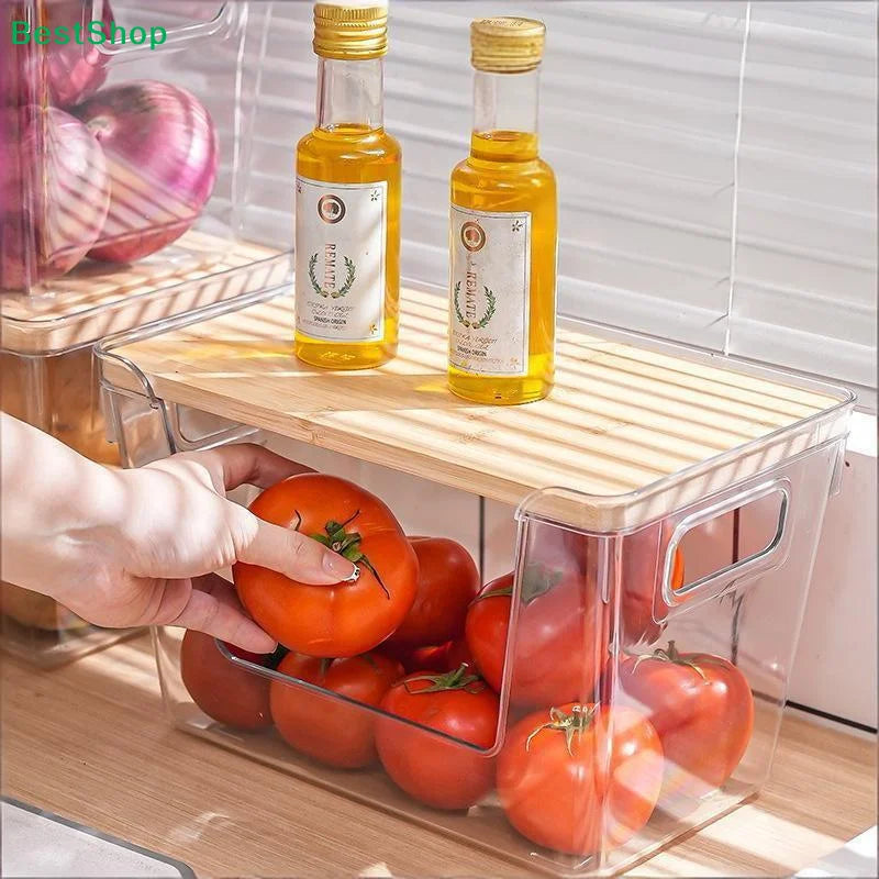 organiseurs garde manger empilables boîtes rangement transparentes plateaux bois pommes terre oignons tomates huile