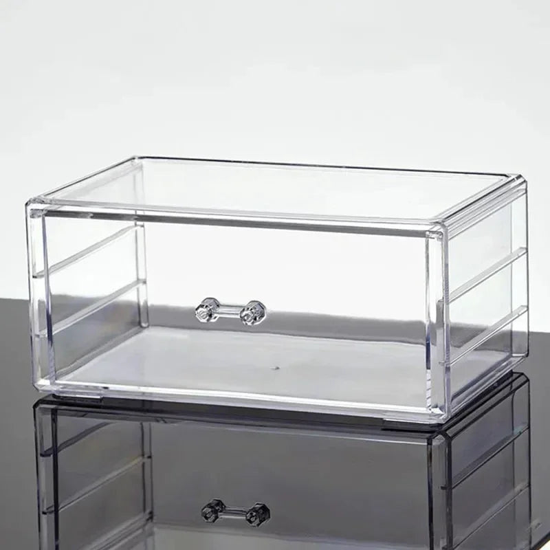 boîte rangement maquillage transparente tiroirs bijoux moderne minimaliste plastique lisse doré rouge