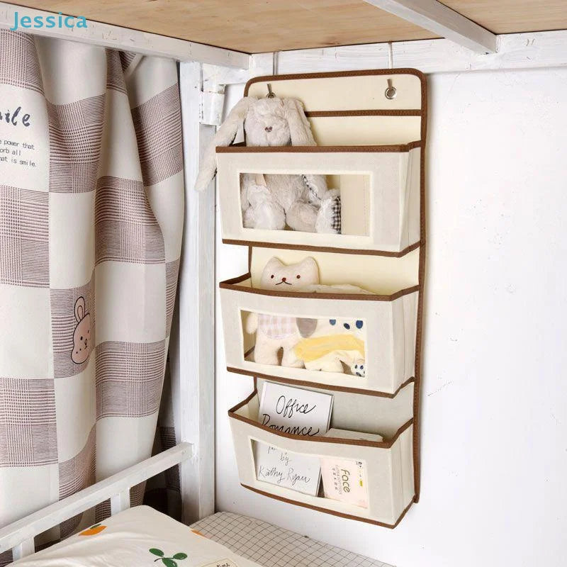 rangements étagère murale moderne tissu polyester beige crochets ours peluche boîtes rangement étiquettes petits