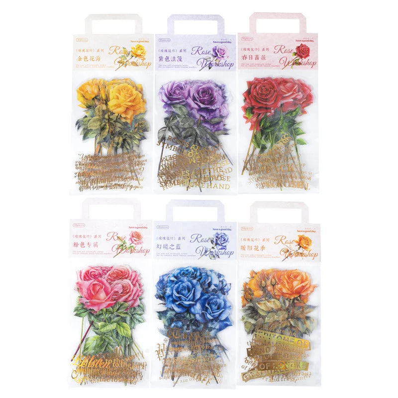autocollants adhésifs fleurs roses rouges violettes jaunes bleues scrapbooking classique romantique 80x100mm 30pcs
