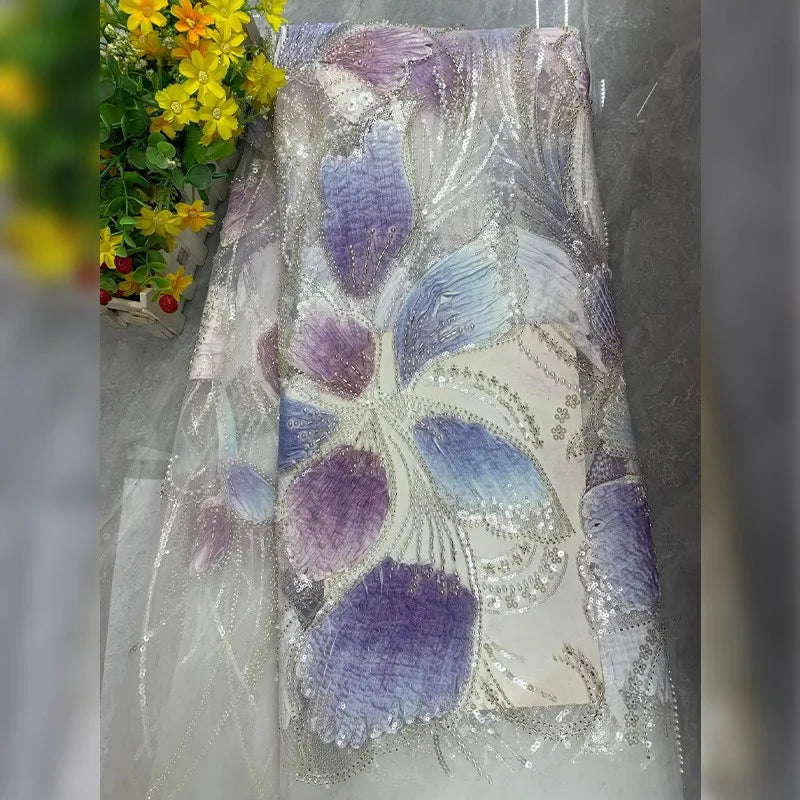 tissu brodé fleurs gris rose vert violet blanc tissu polyester opacité