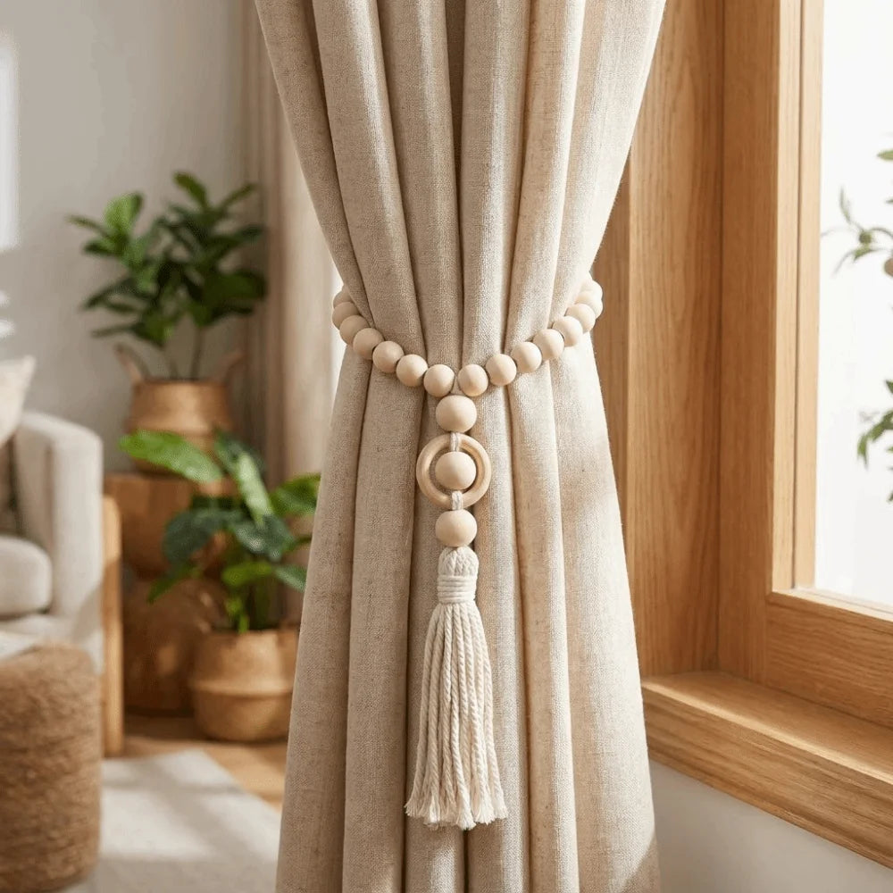 attaches rideau bois pompon bohème rustique naturel anneaux beige rose blanc