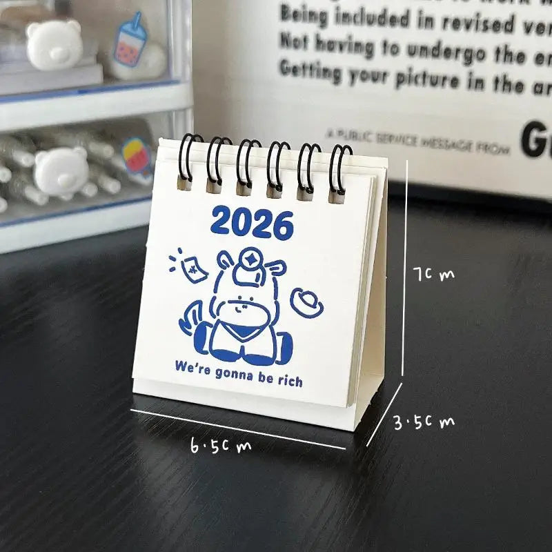 calendrier mini blanc bleu mignon dessins animés anneaux métalliques dates imprimées modernes minimalistes
