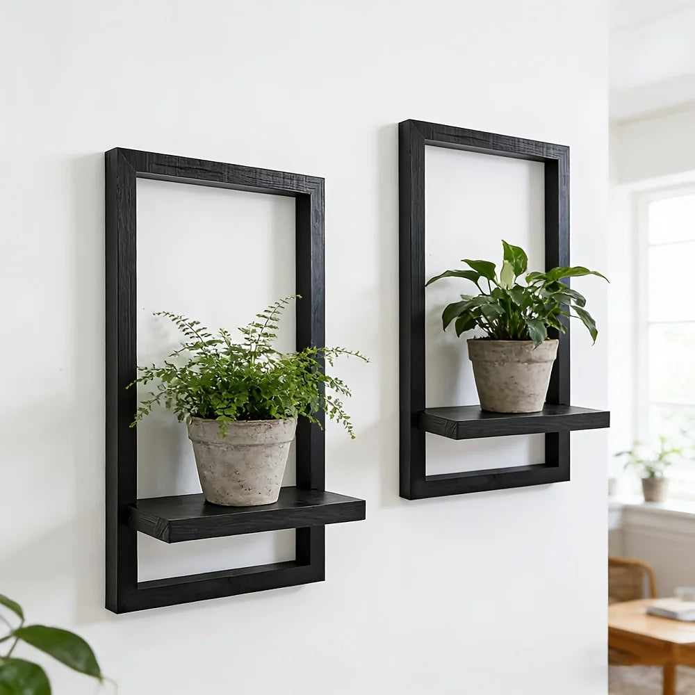 étagères murales noires texture bois modernes adhésives plantes bougie vase photo