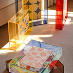 cadres photo transparents modernes abstraits géométriques couleurs vives rouge vert jaune bleu orange rose