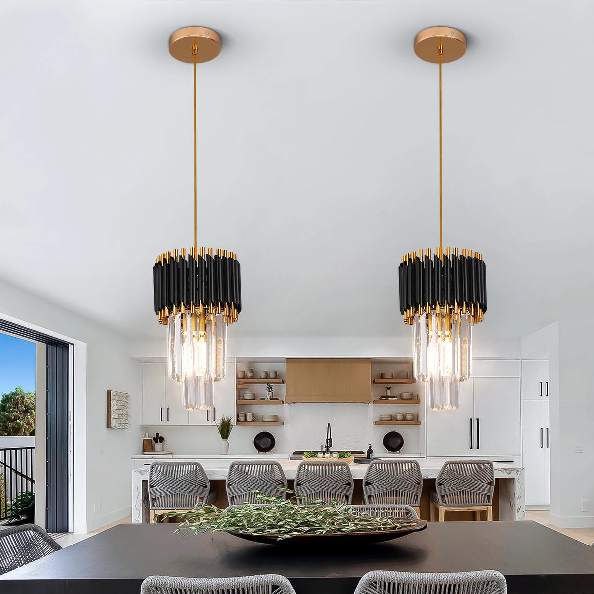 suspension lumineuse moderne noir doré cristal led rayures horizontales tubes transparents éclairage quotidien