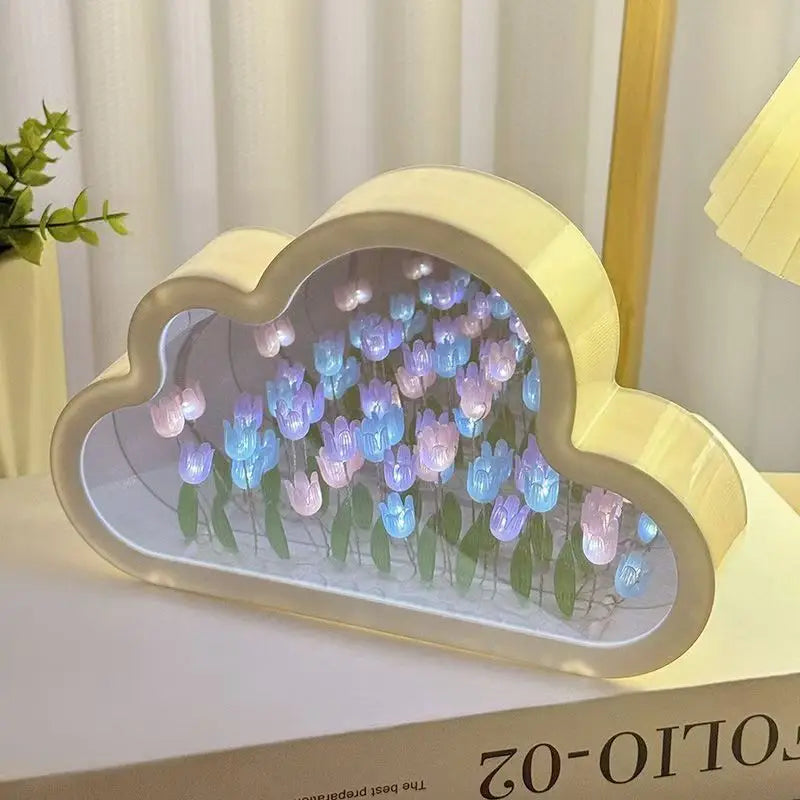 veilleuse tulipe motif moderne blanc vert rose bleu acrylique led miroir nuage chambre deco