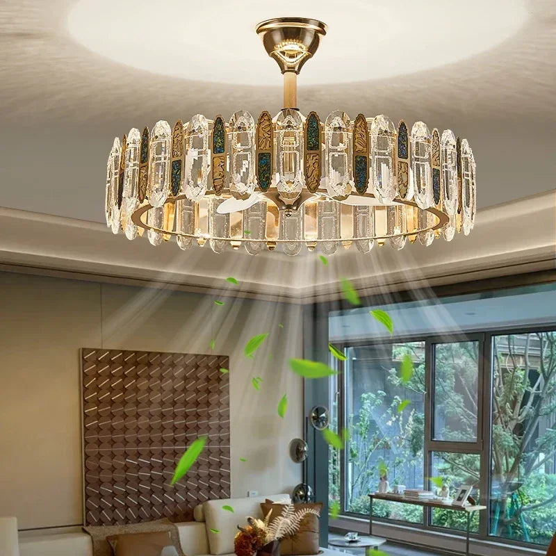 lampe suspendue moderne élégante cristal brillant télécommande dorée led fixée ventilateur