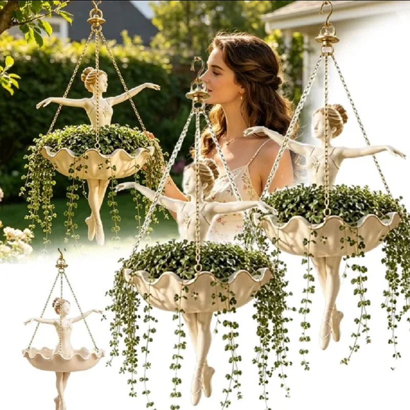 pots fleurs suspendus ballerine résine chaîne dorée plante grimpante décoration intérieure élégante sculpture artistique