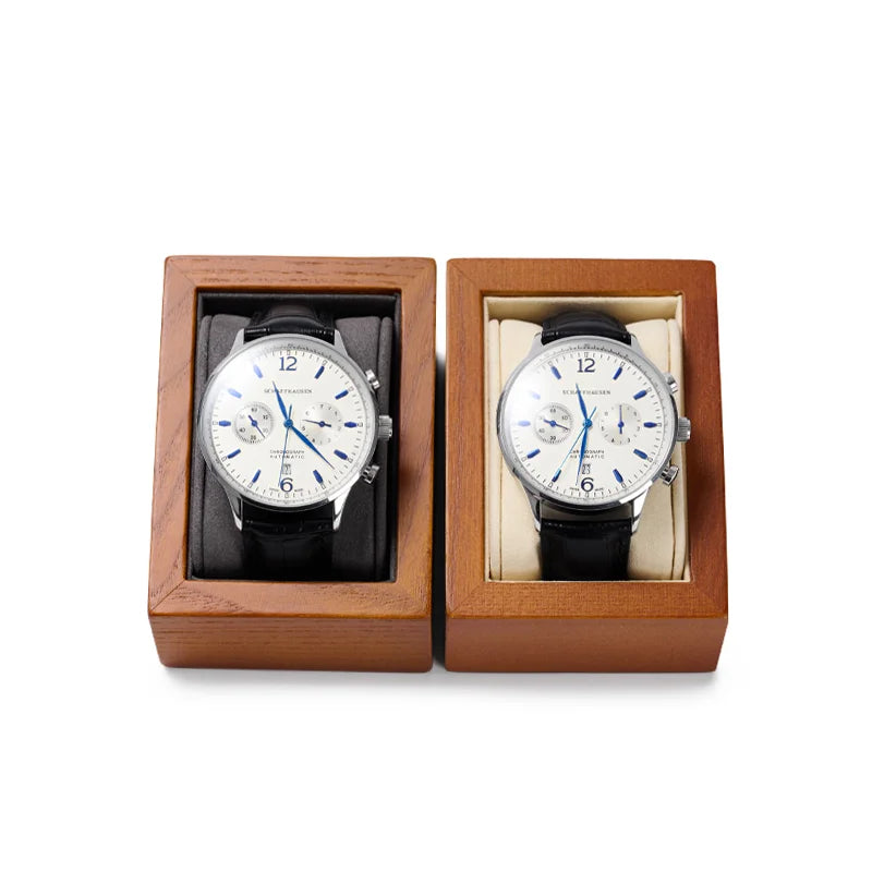 boîte rangement montre bois tissu intérieur cadran blanc bracelet noir classique chronographe opaque portable