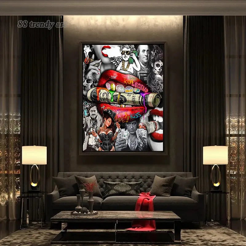 tableau pop art lèvres rouges étoile graffiti abstrait décoration mur rouge noir blanc vertical