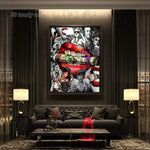 tableau pop art lèvres rouges étoile graffiti abstrait décoration mur rouge noir blanc vertical