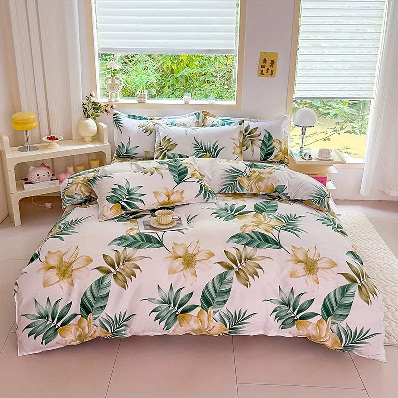 housse couette ensemble 60 pièces microfibre polyester motifs floraux blanc vert jaune rouge moderne