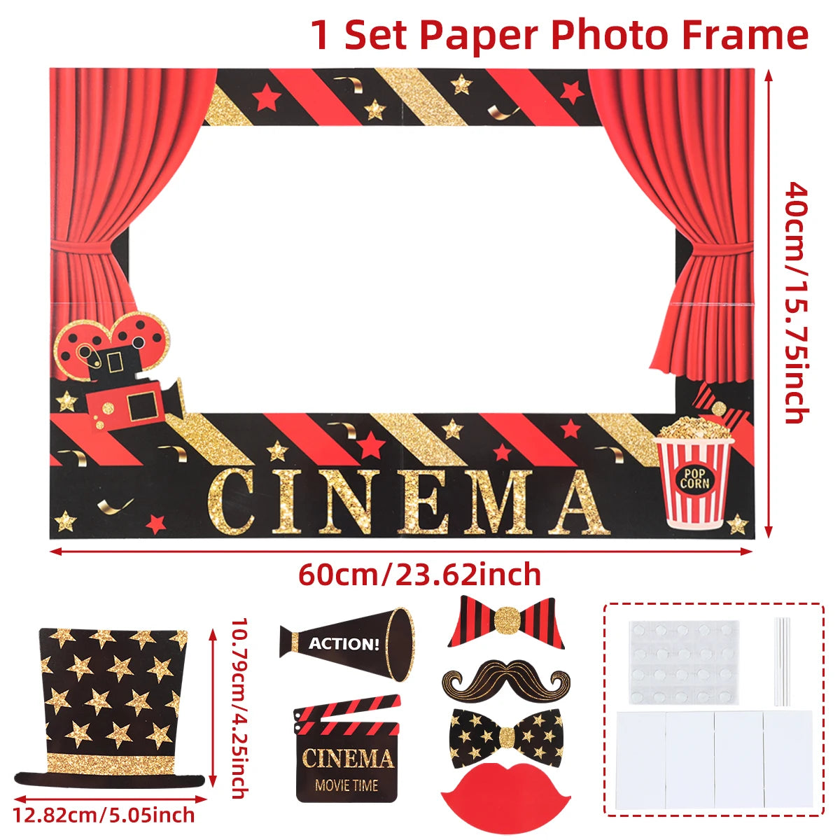 décoration anniversaire thème cinéma assiettes jetables serviettes gobelets nappe guirlande popcorn rouge noir doré