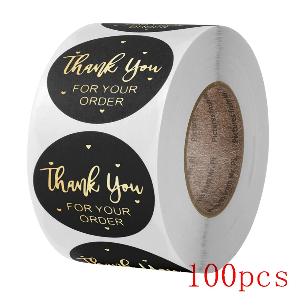 autocollants merci votre commande noir rose doré transparents élégants cœurs écriture manuscrite lot 50