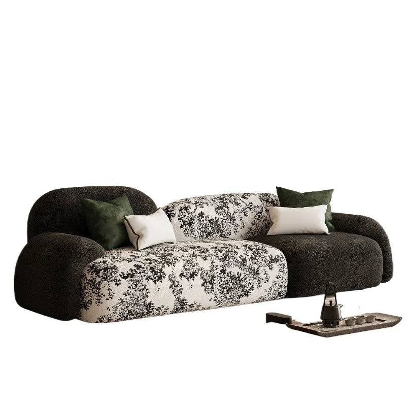 canapé moderne noir blanc fleurs motifs abstraits coussins plateau bois minimaliste italien scandinave