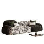 canapé moderne noir blanc fleurs motifs abstraits coussins plateau bois minimaliste italien scandinave