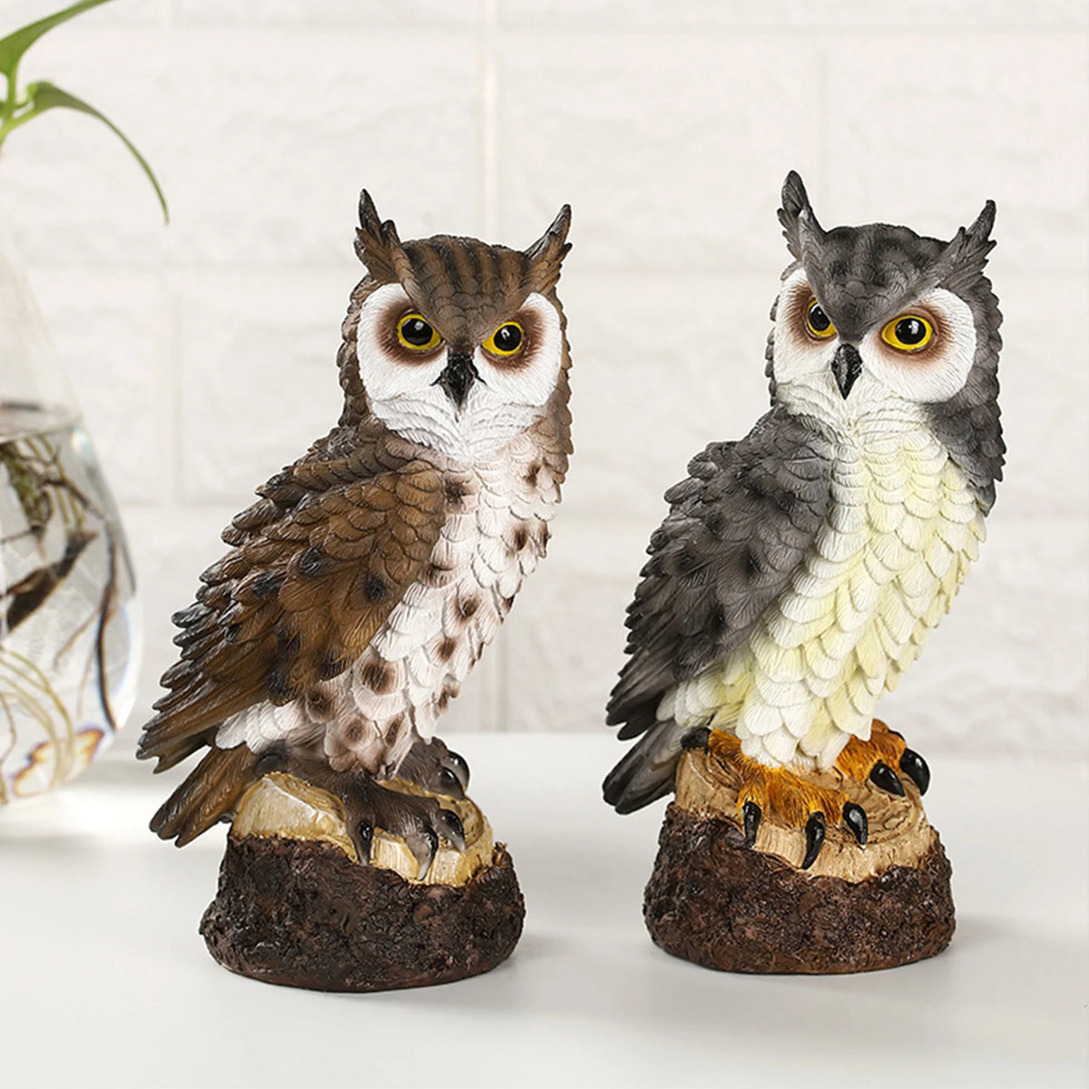 statuette chouette résine marron plumes détaillées tronc arbre intérieur extérieur décoration jardin chambre salon