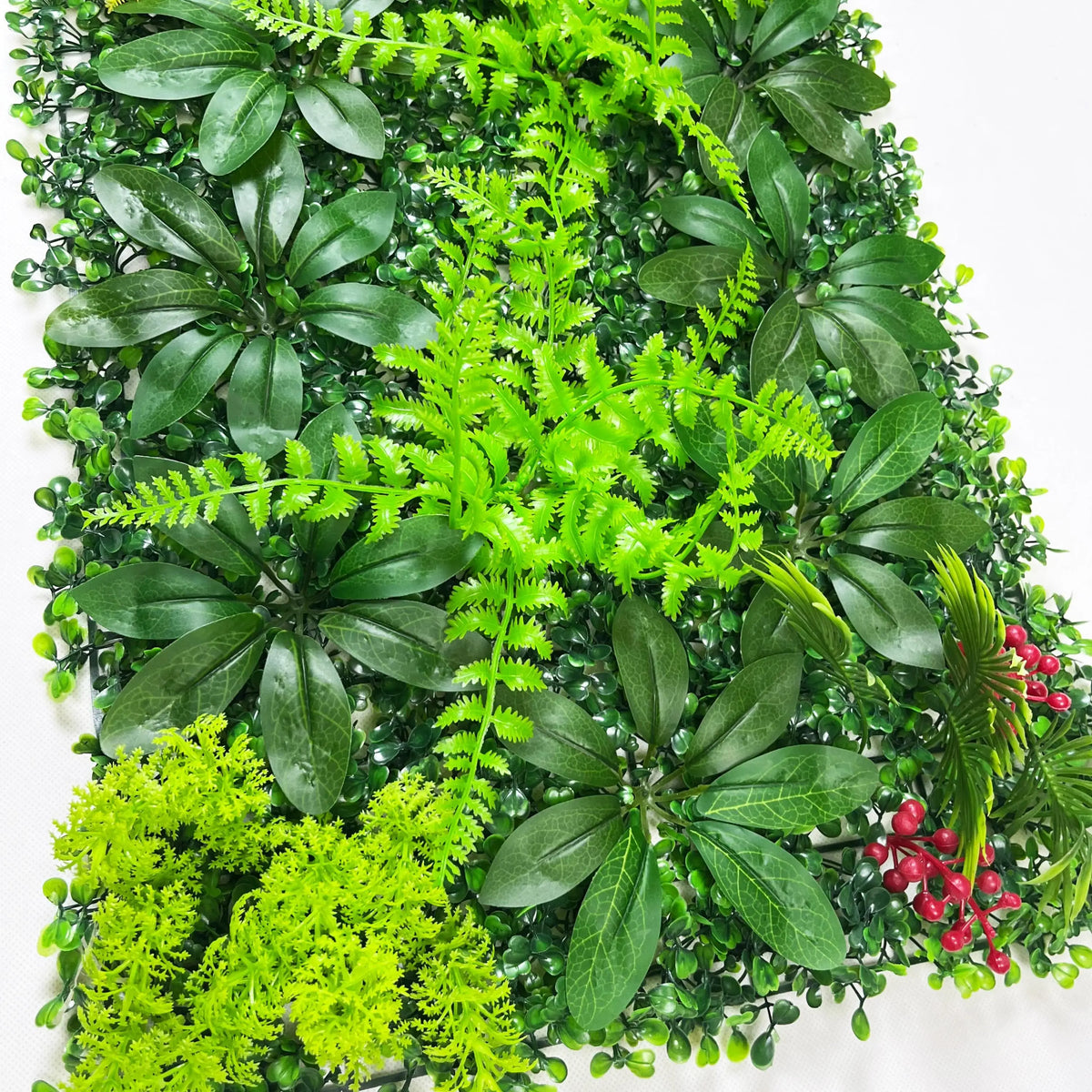 panneau mural végétal artificiel feuilles fleurs jaunes baies rouges naturel contemporain opaqueextérieur
