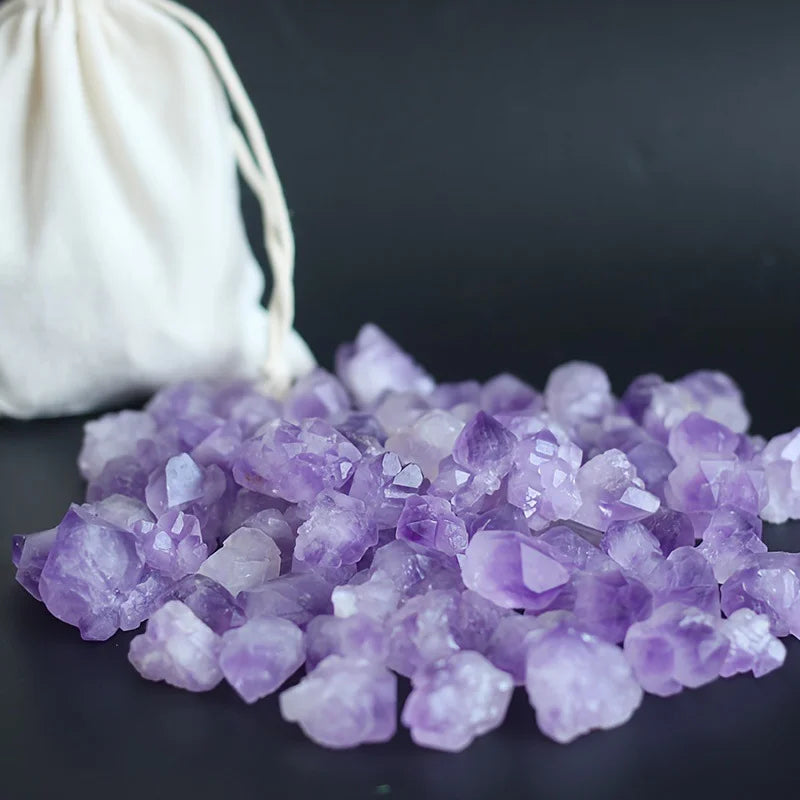 pierres précieuses naturelles violettes brillantes sac toile 100g 200g 50g collection ornement décoration chambre