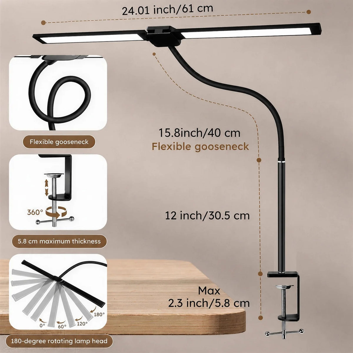 lampe led double tête clip noir blanc moderne interrupteur tactileflux lumineux réglableusb