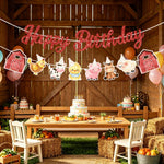 guirlande fête animaux ferme rouge blanc happy birthday poulets vaches grange