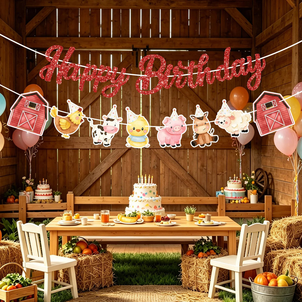guirlande fête animaux ferme rouge blanc happy birthday poulets vaches grange