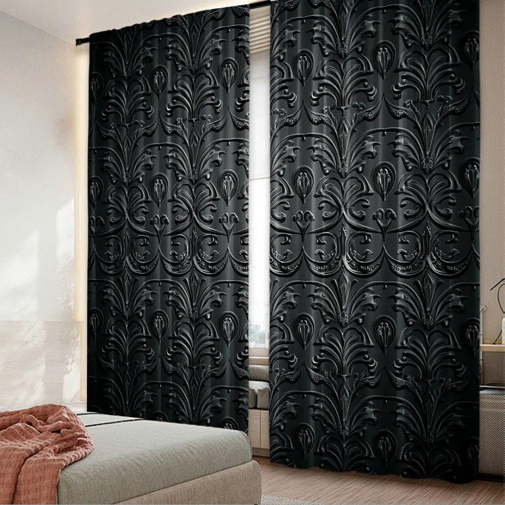 rideau deux pièces polyester motifs floraux relief noir élégants tringle rideau dimensions variées