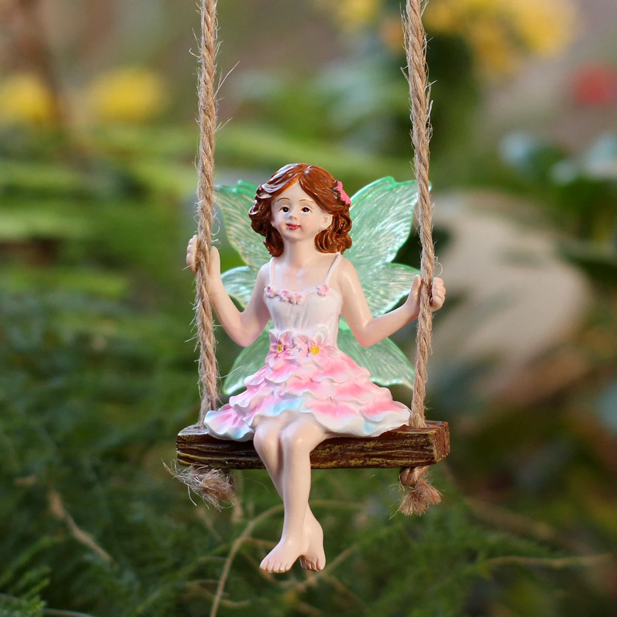 figurine fée rose ailes translucides balançoire bois miniature fantaisieextérieur jardincadeau fantaisiste volants ondulés