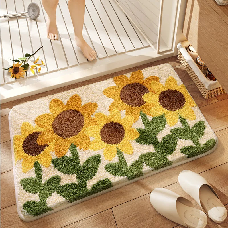 tapis bain fleurs tournesols marguerites blanc jaune vert marron texturé imperméable résistant décoloration