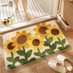 tapis bain fleurs tournesols marguerites blanc jaune vert marron texturé imperméable résistant décoloration