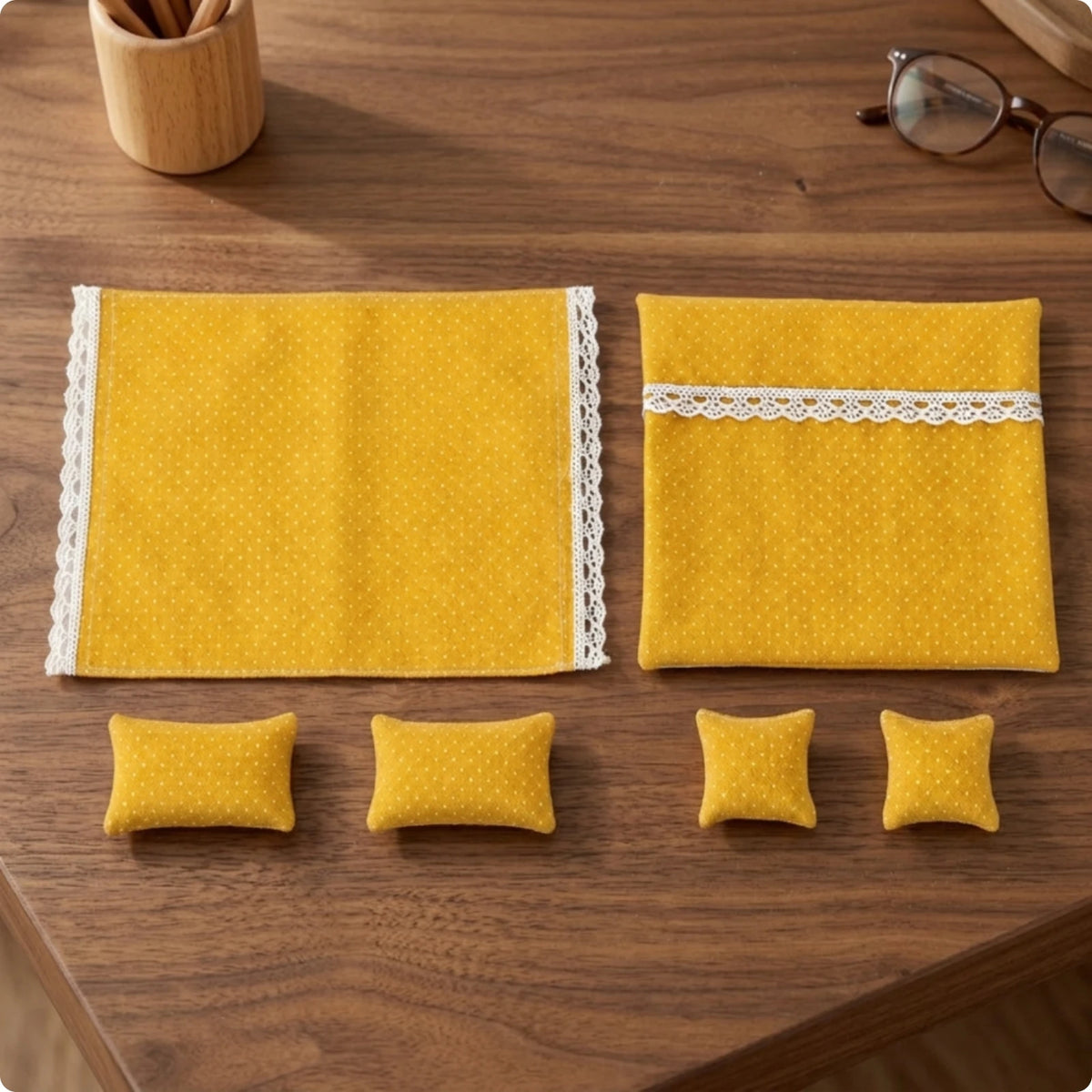 Literie maison poupée lit couverture taies oreiller jaune vert rayé dentelle pois rustique